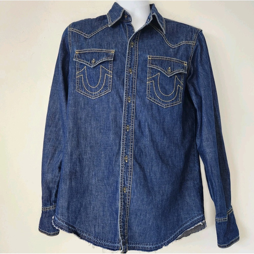 True Religion Denim Western Shirt S Cowboy Y2K Streetwear Horseshoe Distressed